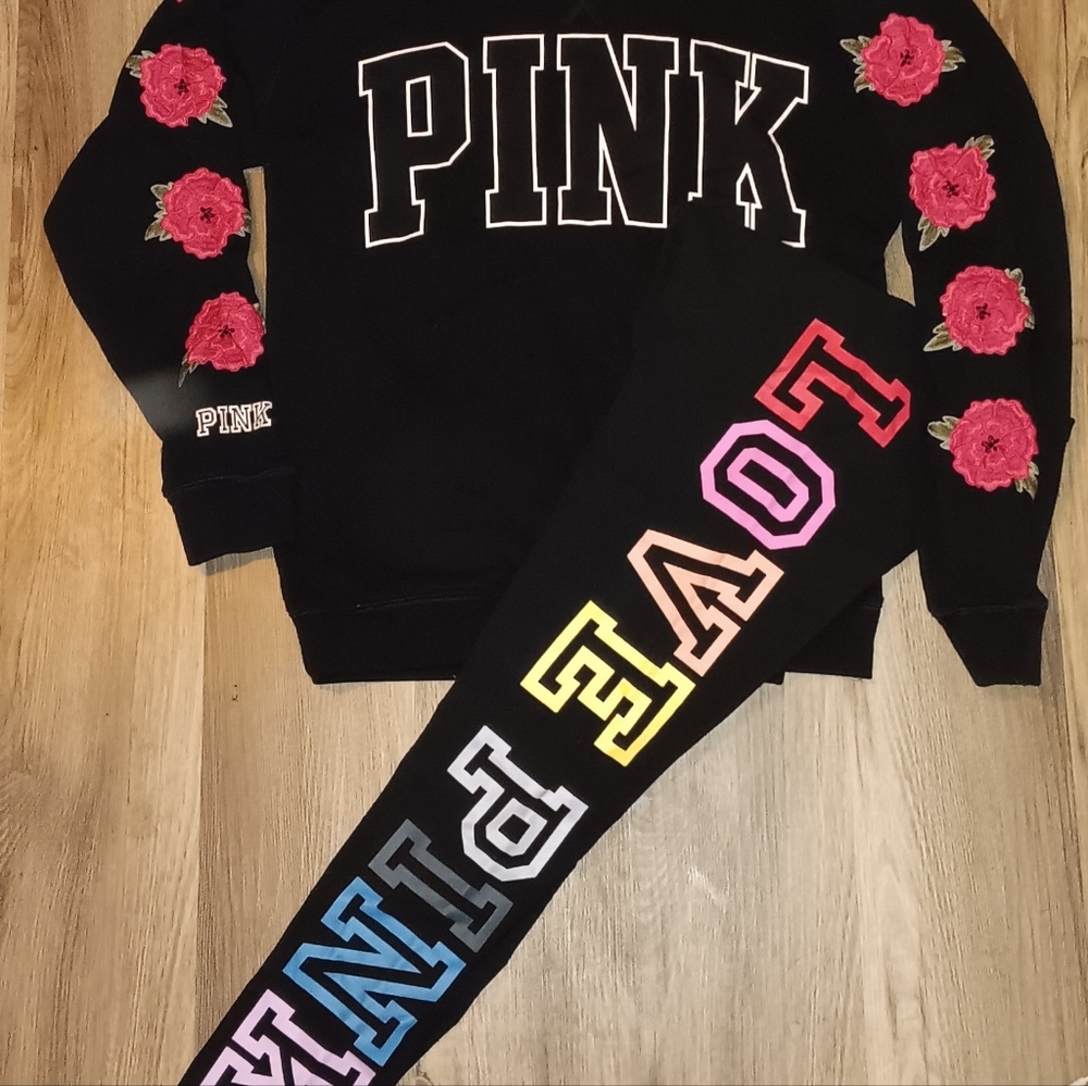 PINK Victoria's Secret Oversized Embroidered Crewneck and Yoga Leggings Set